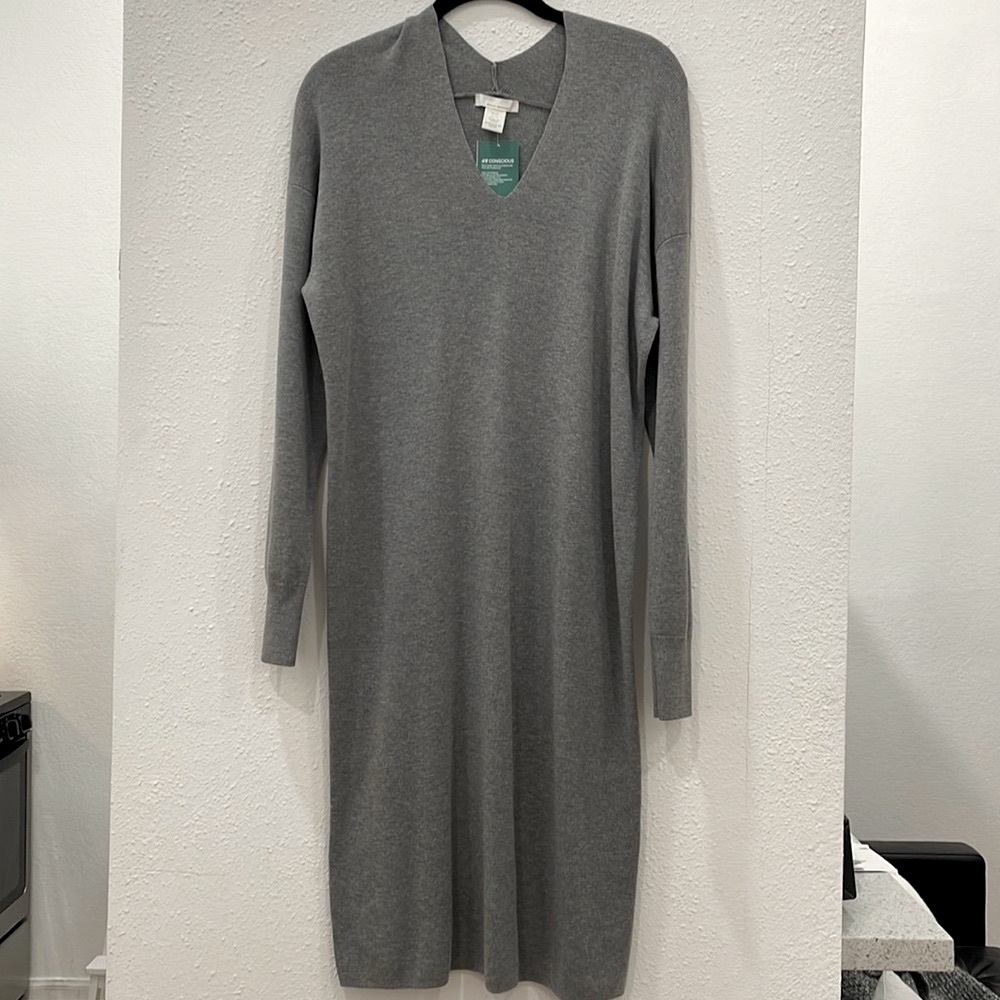 NWT - H&M - Grey Midi Long Sleeve Sweater Dress Drop Shoulders - XS
